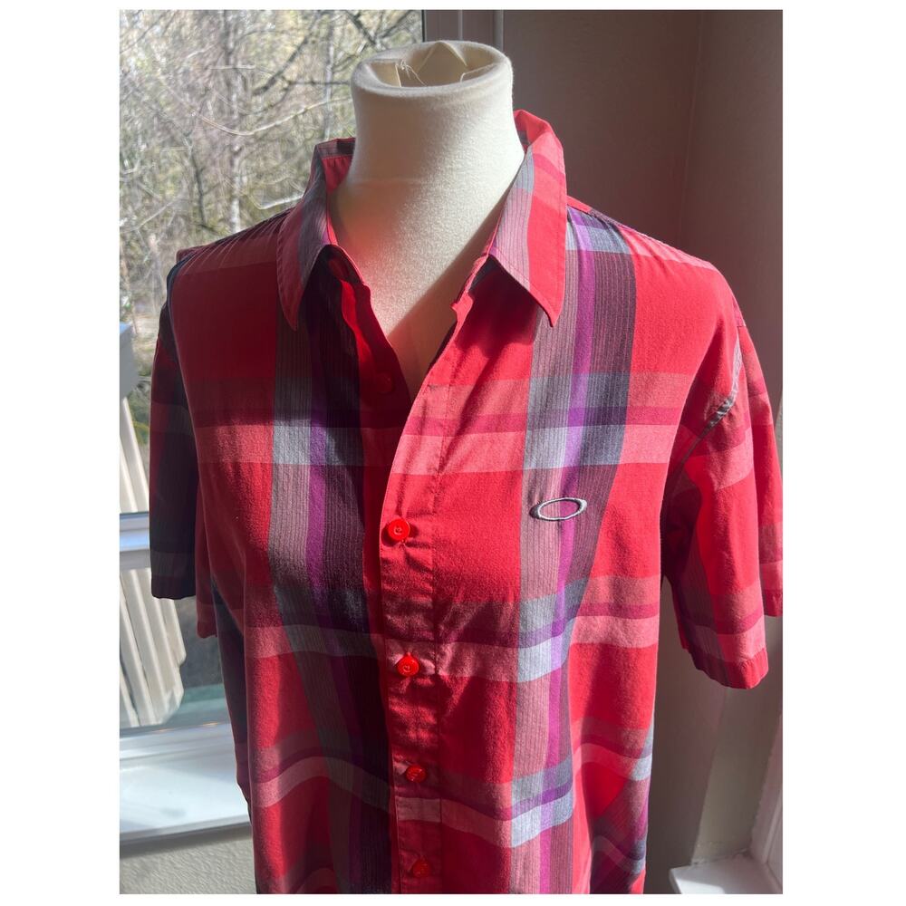 OAKLEY Button Up Shirt Plaid Short Sleeve Red Bright Size Large